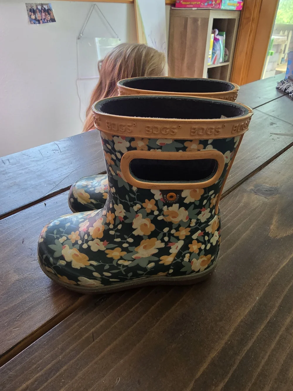 Bogs Kids Floral Rain Boots - Dark Green with Yellow and Cream Flowers